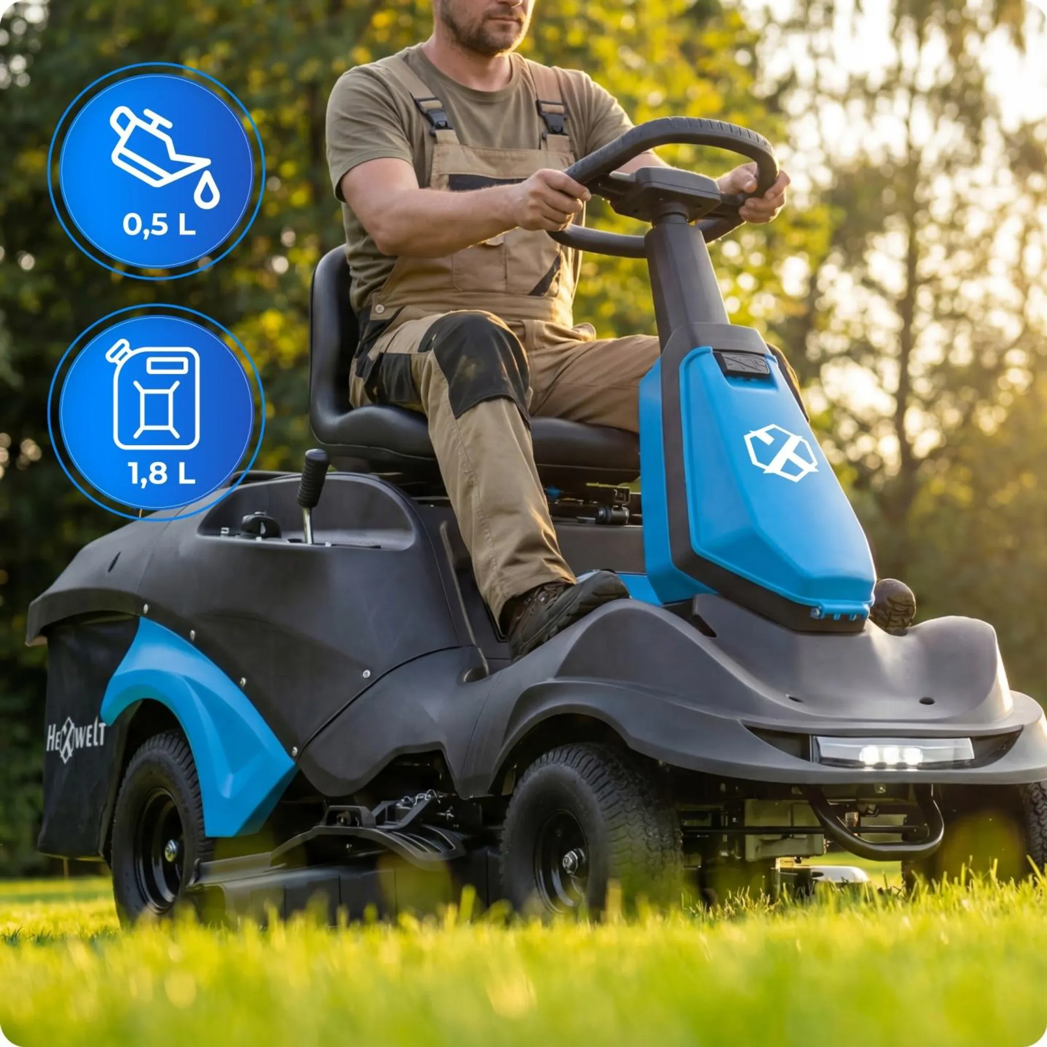 Tracteur tondeuse HEXWELT 224 cm³ largeur de coupe 66 cm bac 150 L avec aérateur – Image 3