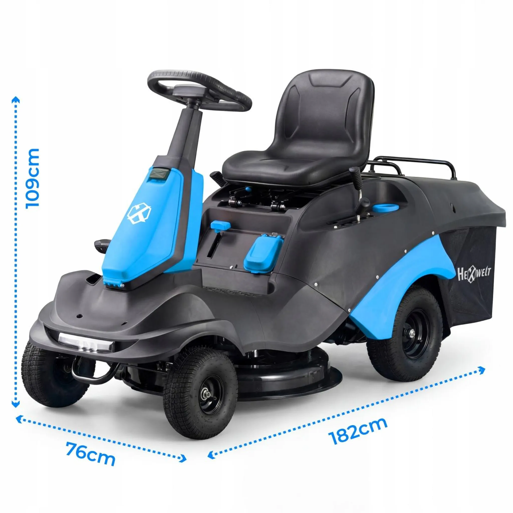 Tracteur tondeuse HEXWELT 224 cm³ largeur de coupe 66 cm bac 150 L avec aérateur