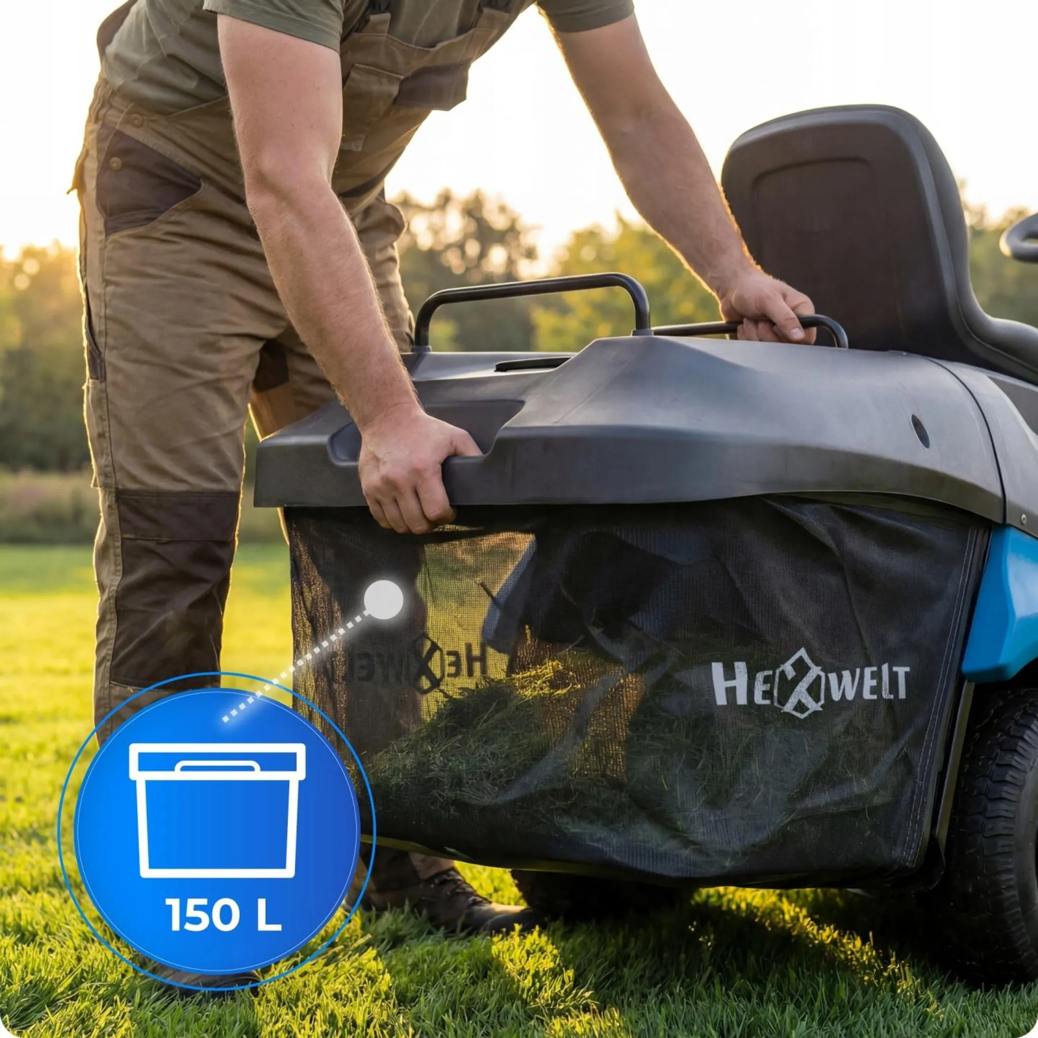 Tracteur tondeuse HEXWELT 224 cm³ largeur de coupe 66 cm bac 150 L avec aérateur – Image 11